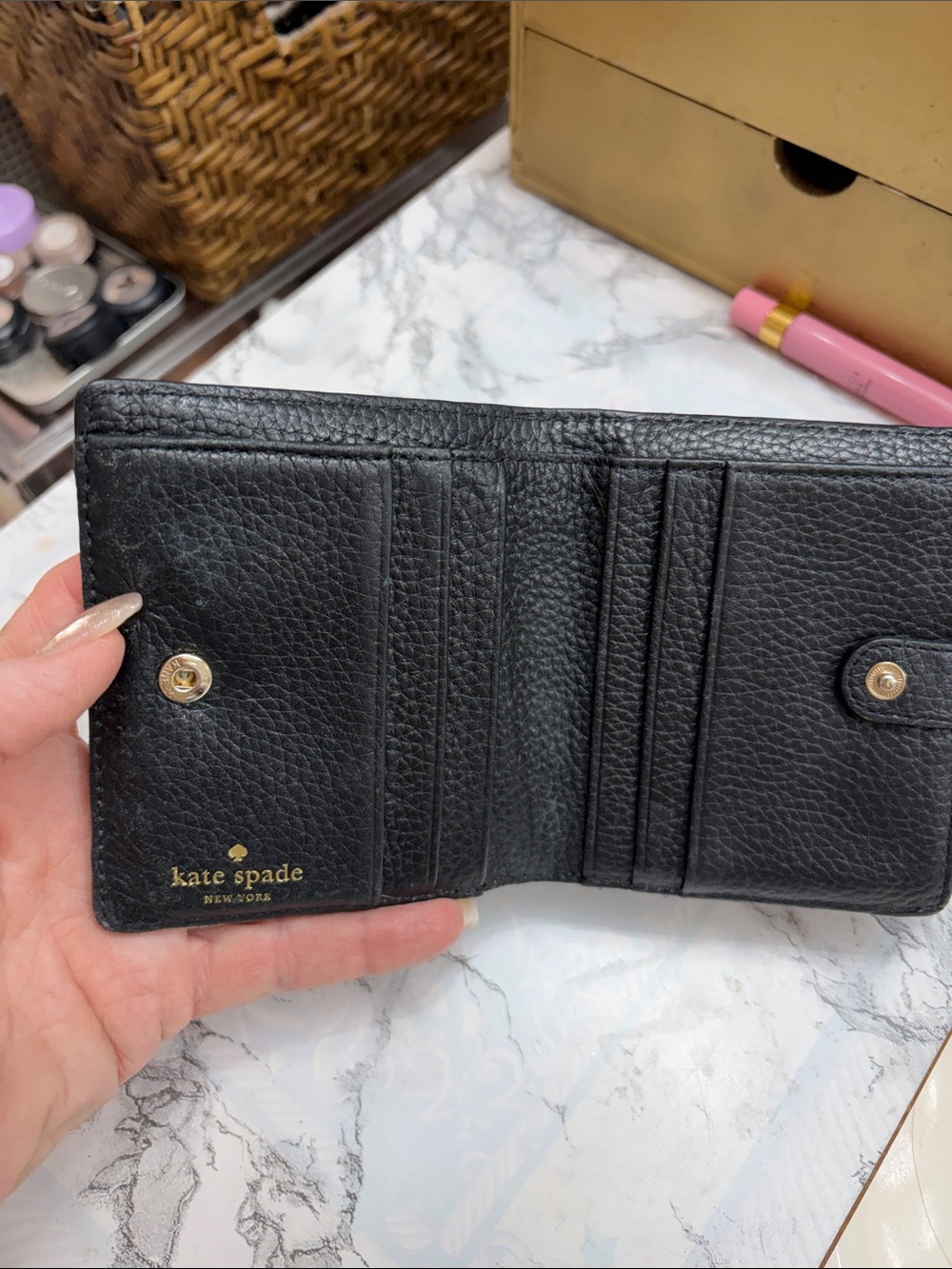 kate spade Black Pebbled Leather Compact Zip Wallet with Gold Logo - Picture 5 of 7